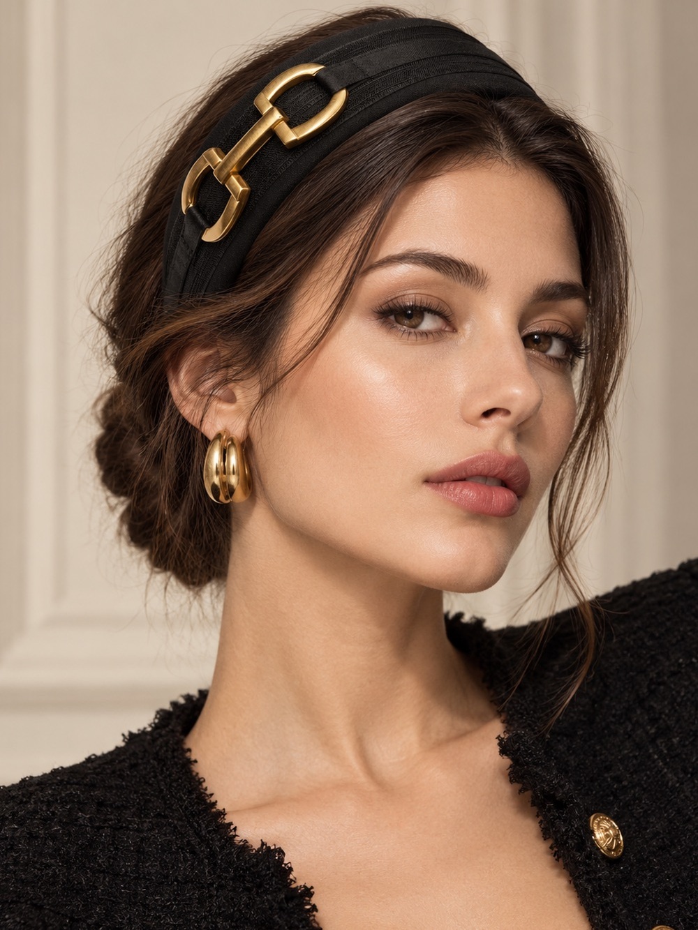 Black Headband with Gold Horsebit Accent